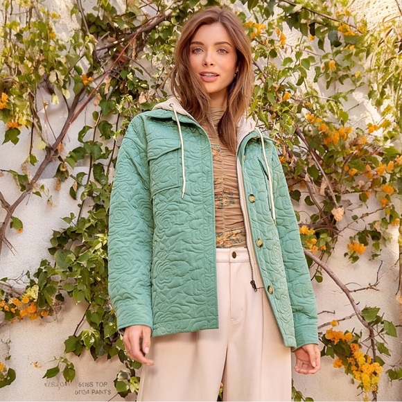 Twofer Seafoam Green Quilted Jacket Floral Stitch Cozy Layer - Picture 2 of 10